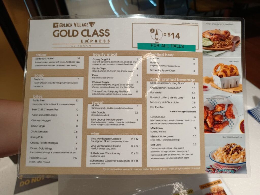 Gold Class Experience Express, Food Menu